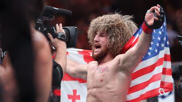 ANAHEIM, CALIFORNIA - FEBRUARY 17: Merab Dvalishvili celebrates defeating Henry Cejudo in their bantamweight weight fight during UFC 298 at Honda Center on February 17, 2024 in Anaheim, California. Sean M. Haffey/Getty Images/AFP (Photo by Sean M. Haffey / GETTY IMAGES NORTH AMERICA / Getty Images via AFP)