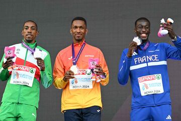 Pedro Pablo Pichardo, Jordan Díaz y Thomas Gogois, en el podio de los Europeos.