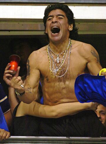 Diego Armando Maradona supporting Boca Juniors at La Bombonera.