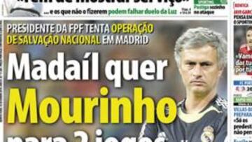 Mourinho es hoy el protagonista de la portada de 'Record', que asegura que la federación lusa quiere que el técnico del Real Madrid diriga a la selección durante los dos próximos partidos de clasificación para la Euro 2012.