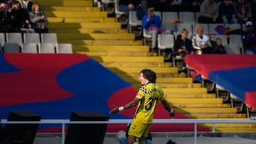 Las Palmas' Portuguese forward #37 Fabio Silva celebrates after scoring their second goal during the Spanish league football match between FC Barcelona and UD Las Palmas at the Estadi Olimpic Lluis Companys in Barcelona on November 30, 2024. (Photo by Josep LAGO / AFP)