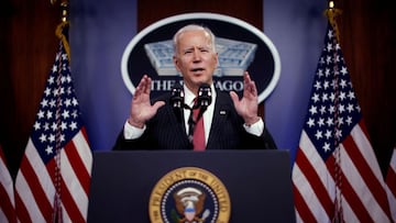 Joe Biden delivers remarks to Defense Department personnel during a visit to the Pentagon in Arlington, Virginia, February 10, 2021. 