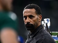 Former English defender Rio Ferdinand attends the UEFA Champions League semi-final first leg football match between AC Milan and Inter Milan, on May 10, 2023 at the San Siro stadium in Milan. (Photo by GABRIEL BOUYS / AFP)