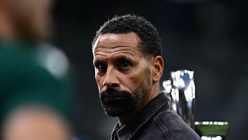 Former English defender Rio Ferdinand attends the UEFA Champions League semi-final first leg football match between AC Milan and Inter Milan, on May 10, 2023 at the San Siro stadium in Milan. (Photo by GABRIEL BOUYS / AFP)