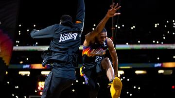 Apr 10, 2022; Phoenix, Arizona, USA; Phoenix Suns forward Mikal Bridges reacts prior to the game against the Sacramento Kings at Footprint Center. Mandatory Credit: Mark J. Rebilas-USA TODAY Sports