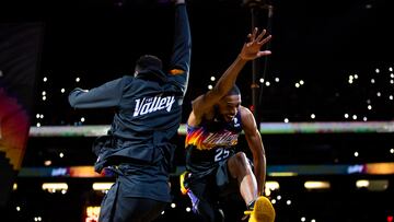 Apr 10, 2022; Phoenix, Arizona, USA; Phoenix Suns forward Mikal Bridges reacts prior to the game against the Sacramento Kings at Footprint Center. Mandatory Credit: Mark J. Rebilas-USA TODAY Sports