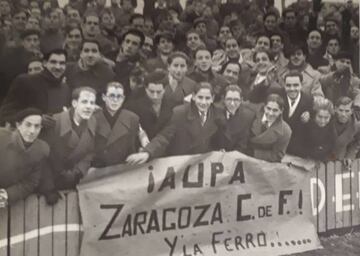La General de Torrero, minutos antes de dar comienzo el decisivo Zaragoza-Alavés del 4 de enero de 1942. Obsérvese el apoyo a la Ferroviaria de Madrid, que tenía que ganar al Gerona para que el Zaragoza alcanzara la fase final de ascenso.