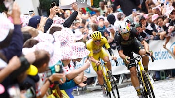 Team Visma - Lease a bike team's Belgian rider Wout van Aert cycles ahead of UAE Team Emirates - XRG team's Slovenian rider Tadej Pogacar wearing the overall leader's yellow jersey up Rue Lepic on the Butte de Montmartre during the 21st and final stage of the 112th edition of the Tour de France cycling race, 132.3 km between Mantes-la-Ville and Paris' Champs-Elysees Avenue, on July 27, 2025. (Photo by Etienne GARNIER / POOL / AFP)