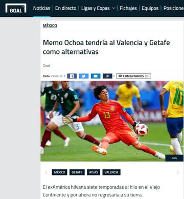 Guillermo Ochoa Magaña militó con Málaga y Granada entre 2014 y 2017. En el último mes, el guardameta sonó para llegar a un par de clubes españoles: Valencia y Getafe. Sin embargo, de acuerdo con los reportes de la prensa local, ninguno de estos equipos lo consideraba en el 11 de arranque. 