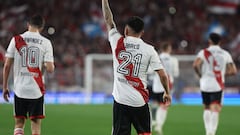 River Plate's midfielder Esequiel Barco celebrates after scoring the team's third goal against Estudiantes during their Argentine Professional Football League Tournament 2023 match at El Monumental stadium, in Buenos Aires, on July 15, 2023. (Photo by ALEJANDRO PAGNI / AFP)