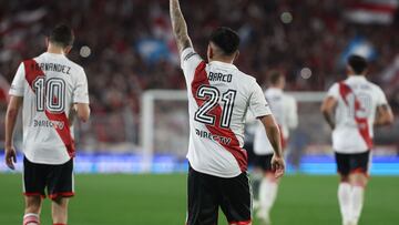 River Plate's midfielder Esequiel Barco celebrates after scoring the team's third goal against Estudiantes during their Argentine Professional Football League Tournament 2023 match at El Monumental stadium, in Buenos Aires, on July 15, 2023. (Photo by ALEJANDRO PAGNI / AFP)