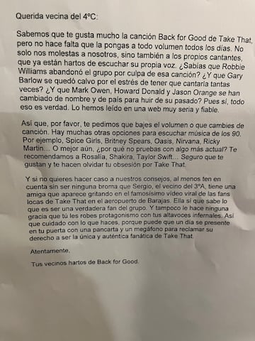 La petición de una comunidad para que su vecina dejé de escuchar una canción de Take That. X: @liosdevecinos