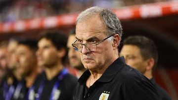 Jun 23, 2024; Miami, FL, USA; Uruguay head coach Marcelo Bielsa looks on prior to the game against Panama during the group stage of Copa America at Hard Rock Stadium. Mandatory Credit: Sam Navarro-USA TODAY Sports