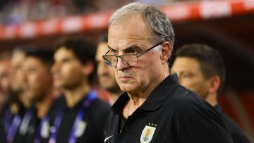 Jun 23, 2024; Miami, FL, USA; Uruguay head coach Marcelo Bielsa looks on prior to the game against Panama during the group stage of Copa America at Hard Rock Stadium. Mandatory Credit: Sam Navarro-USA TODAY Sports