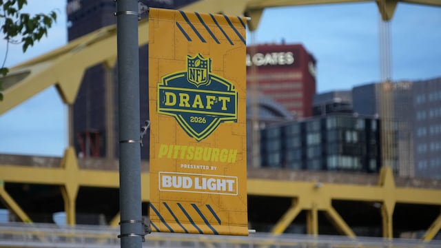 Apr 21, 2026; Pittsburgh, PA, USA; Street banners promoting the 2026 NFL Draft in downtown. Mandatory Credit: Kirby Lee-Imagn Images