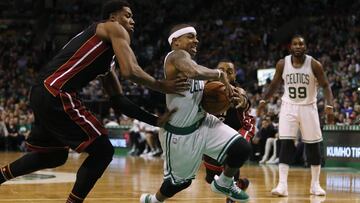 Dec 30, 2016; Boston, MA, USA; Boston Celtics guard Isaiah Thomas (4) drives past Miami Heat center Hassan Whiteside (21) during the second half at TD Garden. Mandatory Credit: Winslow Townson-USA TODAY Sports