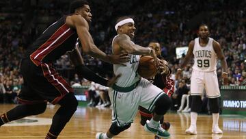 Dec 30, 2016; Boston, MA, USA;  Boston Celtics guard Isaiah Thomas (4) drives past Miami Heat center Hassan Whiteside (21) during the second half at TD Garden. Mandatory Credit: Winslow Townson-USA TODAY Sports