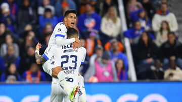Brandon Vazquez celebrates his goal 0-1 with Maximiliano of Monterrey during the round of 16 first leg match between FC Cincinnati and Monterrey as part of the CONCACAF Champions Cup 2024, at TQL Stadium, on March 07, 2024, Cincinnati, Ohio, United States.