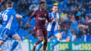 Dembele of Barcelona and guilherme of Deportivo during Santander League, La Liga, soccer match played at Abanca Riazor stadium, La Coruna, Spain, between Deportivo La Coruna and Barcelona. April 29, 2018.