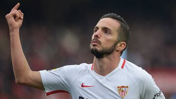 Sevilla's Spanish midfielder Pablo Sarabia celebrates after scoring a goal during the Spanish League football match between Sevilla and Girona at the Ramon Sanchez Pizjuan stadium in Sevilla on December 16, 2018. (Photo by CRISTINA QUICLER / AFP)