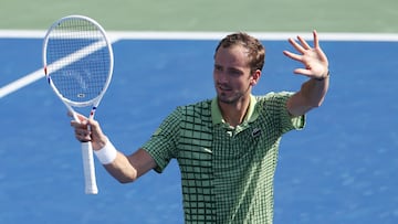 Tennis - ATP 500 - Dubai Championships - Dubai Tennis Stadium, Dubai, United Arab Emirates - February 25, 2026 Russia's Daniil Medvedev celebrates after winning his round of 16 match against Switzerland's Stan Wawrinka REUTERS/Raghed Waked