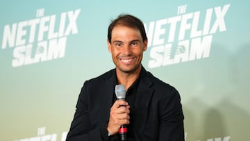 LAS VEGAS, NEVADA - MARCH 02: Rafael Nadal speaks onstage during The Netflix Slam media availability event at Mandalay Bay Resort and Casino on March 02, 2024 in Las Vegas, Nevada.   Chris Unger/Getty Images/AFP (Photo by Chris Unger / GETTY IMAGES NORTH AMERICA / Getty Images via AFP)