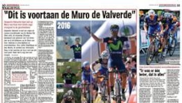 El diario belga Het Nieuwsblad dedic&oacute; dos p&aacute;ginas al triunfo de Alejandro Valverde en la Flecha Valona en el Muro de Huy.