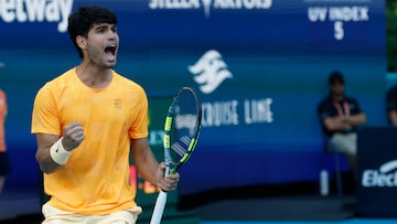 Mar 22, 2026; Miami Gardens, FL, USA; Carlos Alcaraz (ESP) reacts after winning a game against Sebastian Korda (USA) (not pictured) on day six of the 2026 Miami Open at Hard Rock Stadium. Mandatory Credit: Geoff Burke-Imagn Images