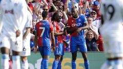 Crystal Palace's English midfielder #10 Eberechi Eze (C) celebrates with teammates after scoring their fifth goal during the English Premier League football match between Crystal Palace and Aston Villa at Selhurst Park in south London on May 19, 2024. (Photo by Ian Kington / AFP) / RESTRICTED TO EDITORIAL USE. No use with unauthorized audio, video, data, fixture lists, club/league logos or 'live' services. Online in-match use limited to 120 images. An additional 40 images may be used in extra time. No video emulation. Social media in-match use limited to 120 images. An additional 40 images may be used in extra time. No use in betting publications, games or single club/league/player publications. / 