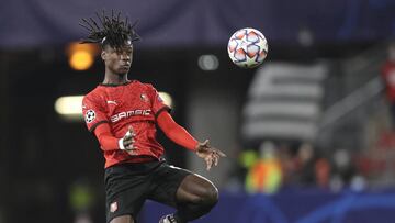 Rennes' Eduardo Camavinga controls the ball in the air during the Champions League, group E soccer match between Rennes and Krasnodar at the Roazhon Park stadium in Rennes, France, Tuesday, Oct. 20, 2020. (AP Photo/David Vincent)