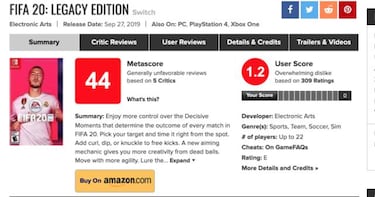 FIFA 20 para Nintendo Switch, bombardeado en Metacritic con críticas negativas