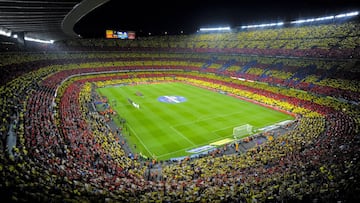BARCELONA, SPAIN - OCTOBER 07: A Catalan flag is displayed by FC Barcelona fans prior to he La Liga match between FC Barcelona and Real Mdrid CF at Camp Nou on October 7, 2012 in Barcelona, Spain. (Photo by David Ramos/Getty Images)