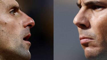 Paris (France), 10/10/2020.- A combo picture issued on 10th October 2020 of Serbian tennis player Novak Djokovic (L) and Spanish tennis player Rafael Nadal during the French Open 2020 tennis tournament at Roland ?Garros in Paris, France. Djokovic and Nada