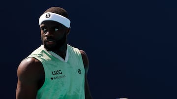 Mar 23, 2026; Miami Gardens, FL, USA; Frances Tiafoe (USA) looks down court after winning a point againstJakub Mensik (CZE) (not pictured) on day 7 of the 2026 Miami Open at Hard Rock Stadium. Mandatory Credit: Geoff Burke-Imagn Images
