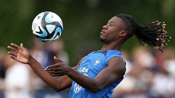 France's defender Eduardo Camavinga controls the ball during a training session in Clairefontaine-en-Yvelines on September 10, 2023 as part of the team's preparation for upcoming friendly football match against Germany. (Photo by FRANCK FIFE / AFP)