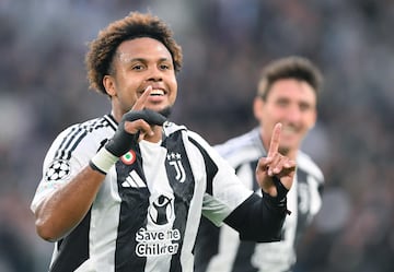 Juventus' Weston McKennie celebrates after scoring the second goal during the 3-1 Champions League win over PSV Eindhoven.