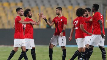 Soccer Football - International Friendly - Egypt v Guinea - Borg El Arab, Alexandria, Egypt - June 16, 2019 Egypt's Mohamed Salah and Baher El Mohamady celebrate after the match REUTERS/Amr Abdallah Dalsh