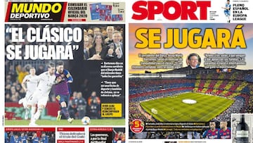 Portadas de Mundo Deportivo y Sport del 13 de diciembre de 2019 donde destacan las palabras de Josep Mar&iacute;a Bartomeu sobre la celebraci&oacute;n del Cl&aacute;sico entre Barcelona y Real Madrid.