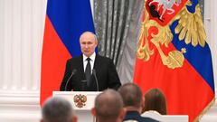 Russian President Vladimir Putin delivers a speech during a ceremony to present state awards in Moscow, Russia, August 2, 2023. Sputnik/Alexander Kazakov/Kremlin via REUTERS ATTENTION EDITORS - THIS IMAGE WAS PROVIDED BY A THIRD PARTY.