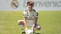 Soccerplayer Alvaro Odriozola during his presentation as player of Real Madrid in Madrid on Wednesday ,