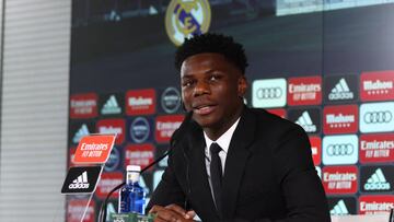 MADRID, SPAIN - JUNE 14: Aurelien Tchouameni speaks during his first press conference as a player of Real Madrid at Ciudad Deportiva Real Madrid on June 14, 2022, in Valdebebas, Madrid Spain. (Photo by Oscar J. Barroso/Anadolu Agency via Getty Images)