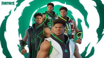 Arte oficial de la skin Giannis Antetokounmpo y sus distintos estilos en Fortnite