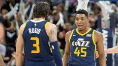 Oct 28, 2017; Salt Lake City, UT, USA; Utah Jazz guards Ricky Rubio (3) and Donovan Mitchell (45) react during the second half against the Los Angeles Lakers at Vivint Smart Home Arena. Mandatory Credit: Russ Isabella-USA TODAY Sports