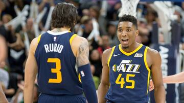 Oct 28, 2017; Salt Lake City, UT, USA; Utah Jazz guards Ricky Rubio (3) and Donovan Mitchell (45) react during the second half against the Los Angeles Lakers at Vivint Smart Home Arena. Mandatory Credit: Russ Isabella-USA TODAY Sports