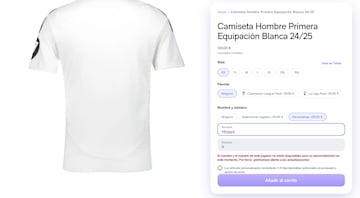 Captura de la web del Real Madrid en el momento en el que se intenta comprar la camiseta personalizada de Mbappé. 