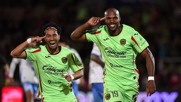 Oscar Estupinan celebrates his goal 2-0 with Madson de Souza of Juarez during the 15th round match between FC Juarez and Puebla as part of the Liga BBVA MX, Torneo Apertura 2025 at Olimpico Benito Juarez  Stadium, on October 24, 2025 in Ciudad Juarez, Chihuahua, Mexico.