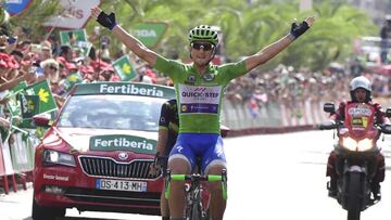 Quick-Step Floors Team&#039;s Italian cyclist Matteo Trentin celebrates as he crosses the finish line to win the 10th stage of the 72nd edition of &quot;La Vuelta&quot; Tour of Spain cycling race, a 164,8 km route between Caravaca to Alhama de Murcia, on August 29, 2017. / AFP PHOTO / JOSE JORDAN