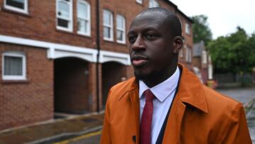 French footballer Benjamin Mendy walks away from Chester Crown Court in Chester, north-west England, on July 14, 2023, having been cleared of one count of rape and another of attempted rape. A UK court jury on Friday acquitted former Manchester City and France footballer Benjamin Mendy of one count of rape and another of attempted rape. Mendy, 28, had been on trial at Chester Crown Court, northwest England, after previously being cleared of six counts of rape and one of sexual assault. (Photo by Oli SCARFF / AFP)