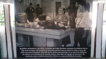 En 1991, tras forzar un atentado areo en el que se pensaba que estaba entre los pasajeros el candidato a la presidencia Csar Gaviria, no estaba el candidato, pero fallecieron 110 personas. El gobierno de Colombia pidi ayuda a la DEA estadounidense para terminar con el ciclo de terror impuesto por Escobar. El 2 de diciembre de 1993 fue encontrado por el Bloque de Bsqueda, grupo paramilitar creado para capturar a Escobar, y lo asesinaron. En la imagen se ve a la madre de Escobar reconociendo el cadver de su hijo.