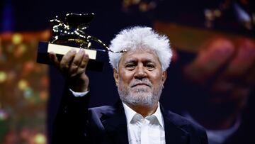 Director Pedro Almodovar poses with Golden Lion Award for Best Film for the movie "The Room Next Door" during the closing ceremony of the 81st Venice Film Festival, Italy, September 7, 2024. REUTERS/Yara Nardi